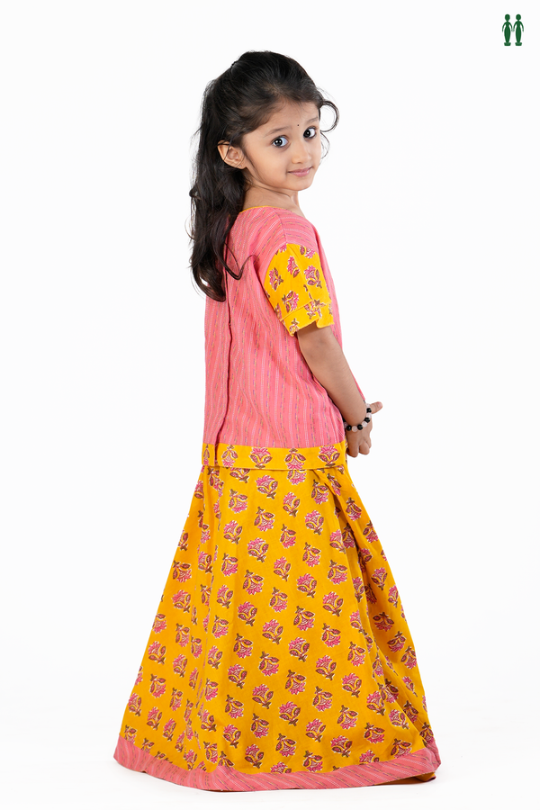 Round Neck Floral Design Pink And Yellow Cotton Pavadai Sattai
