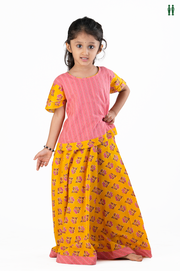Round Neck Floral Design Pink And Yellow Cotton Pavadai Sattai