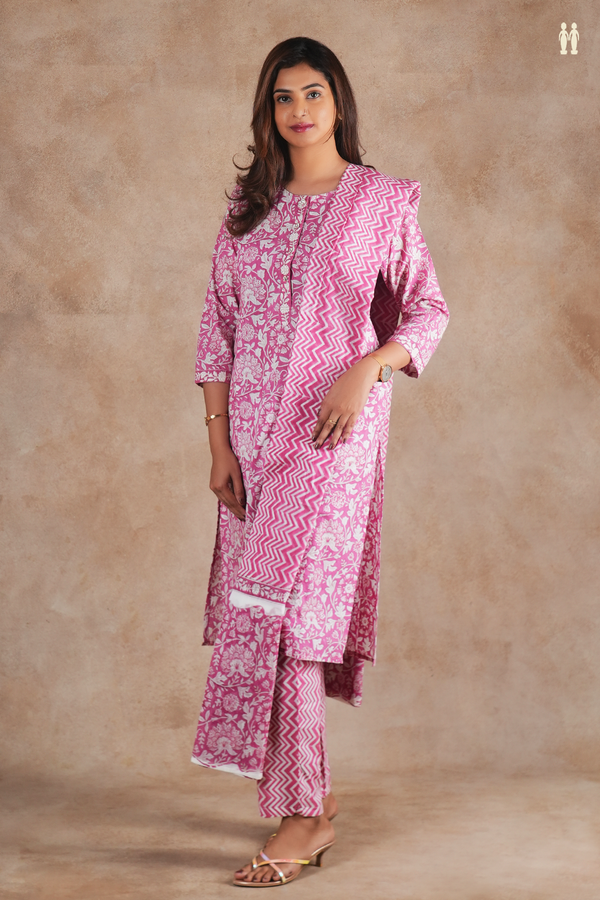 Round Neck Floral Design Pink Cotton Salwar Set