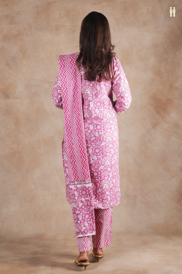 Round Neck Floral Design Pink Cotton Salwar Set