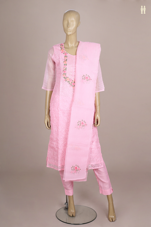 Round Neck Floral Design Pink Kota Salwar Set