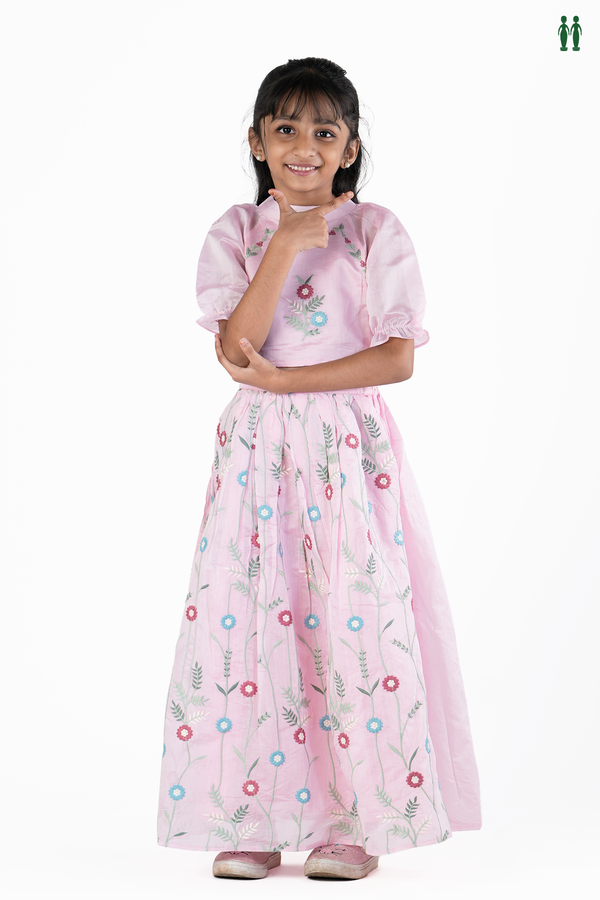 Round Neck Floral Design Pink Silk Cotton Skirt And Top