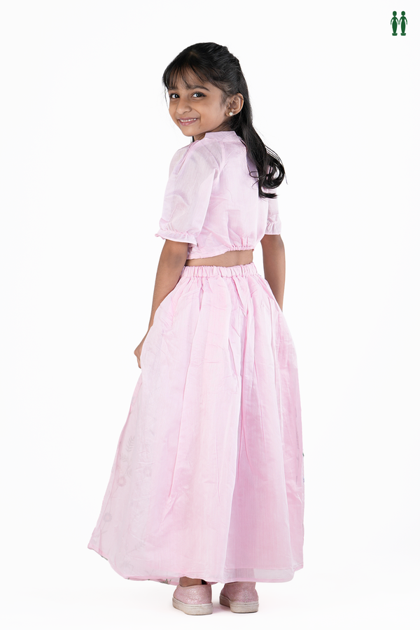 Round Neck Floral Design Pink Silk Cotton Skirt And Top