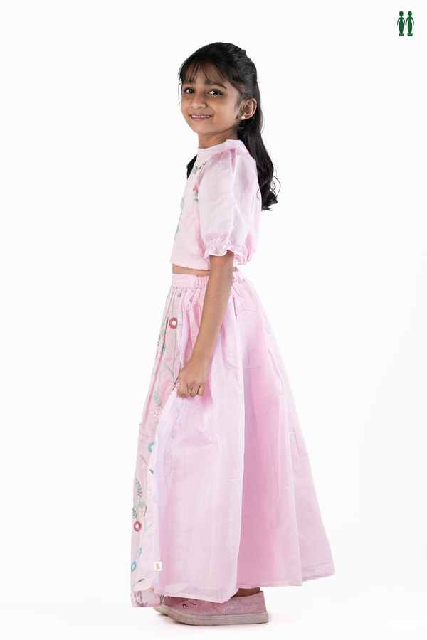 Round Neck Floral Design Pink Silk Cotton Skirt And Top