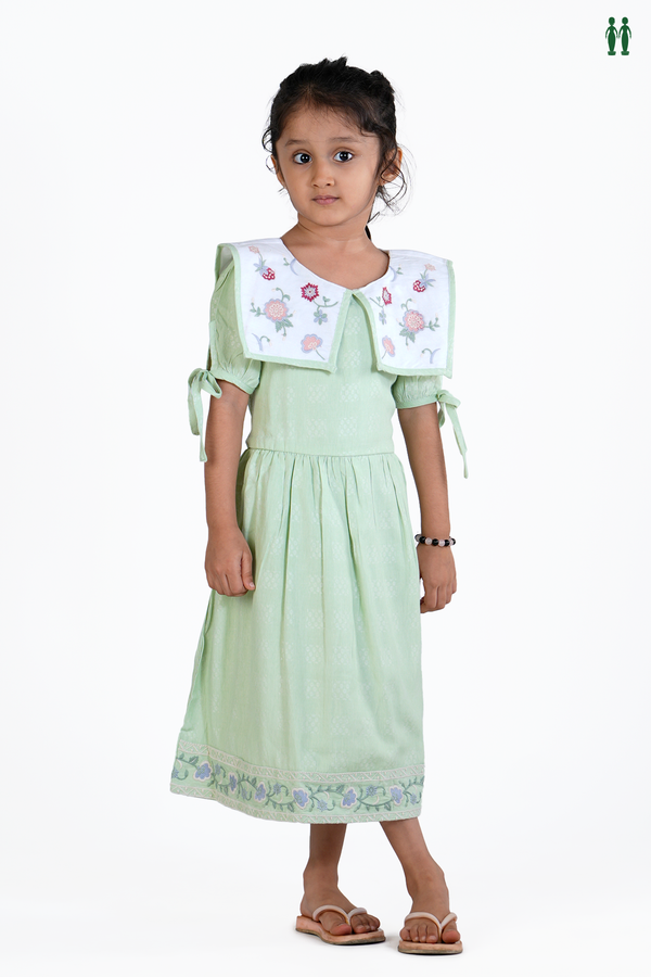 Round Neck Floral Design Plain Green Cotton Frock