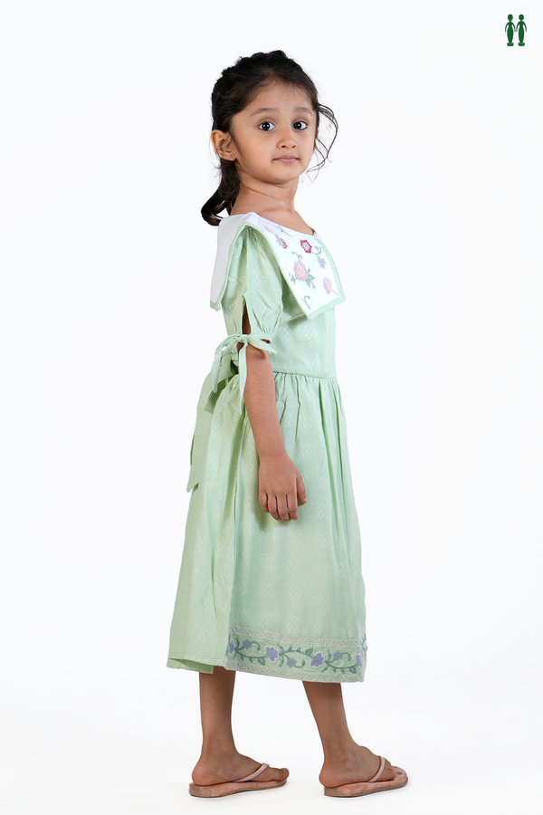 Round Neck Floral Design Plain Green Cotton Frock