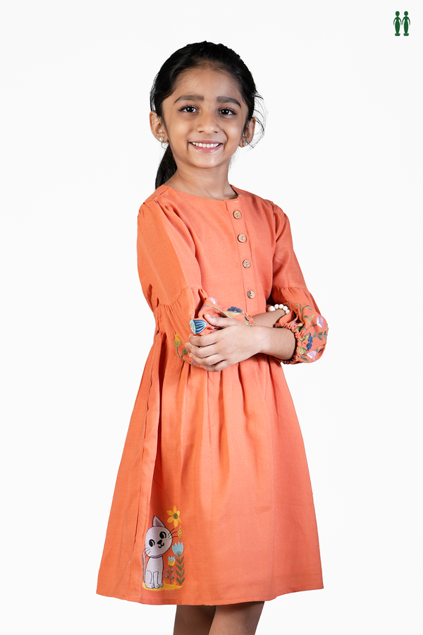 Round Neck Floral Design Plain Orange Cotton Frock
