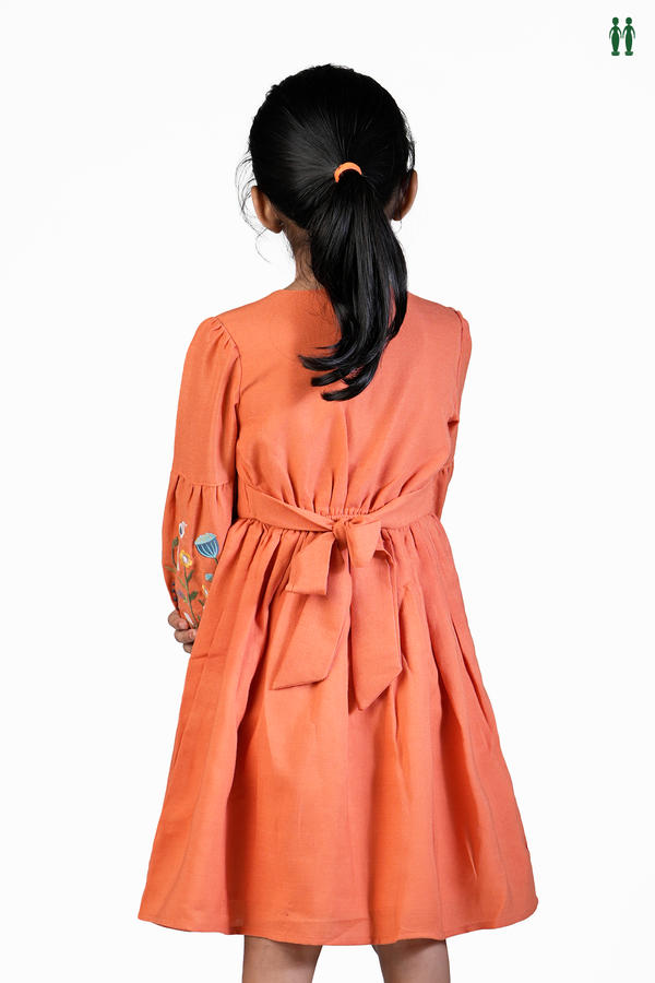 Round Neck Floral Design Plain Orange Cotton Frock