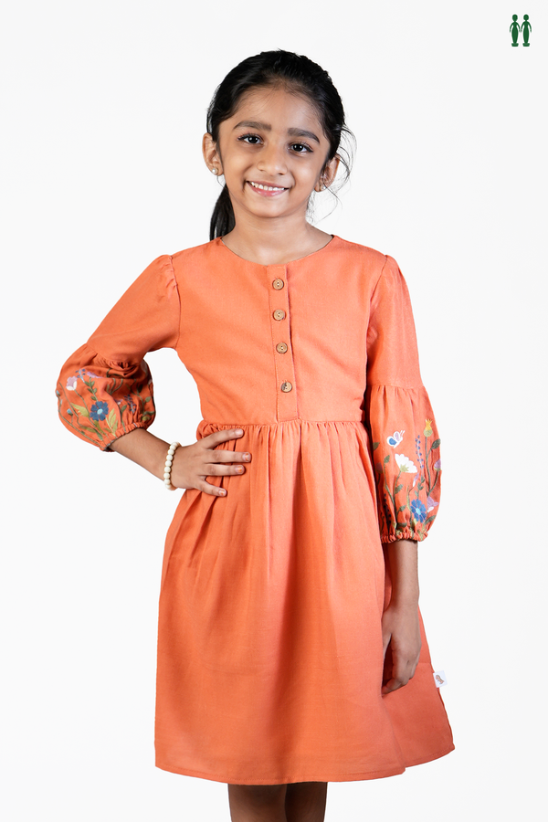 Round Neck Floral Design Plain Orange Cotton Frock