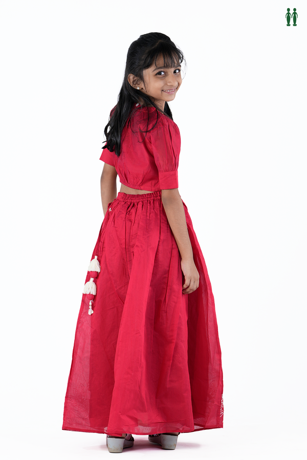 Round Neck Floral Design Red Chanderi Silk Cotton Skirt And Top