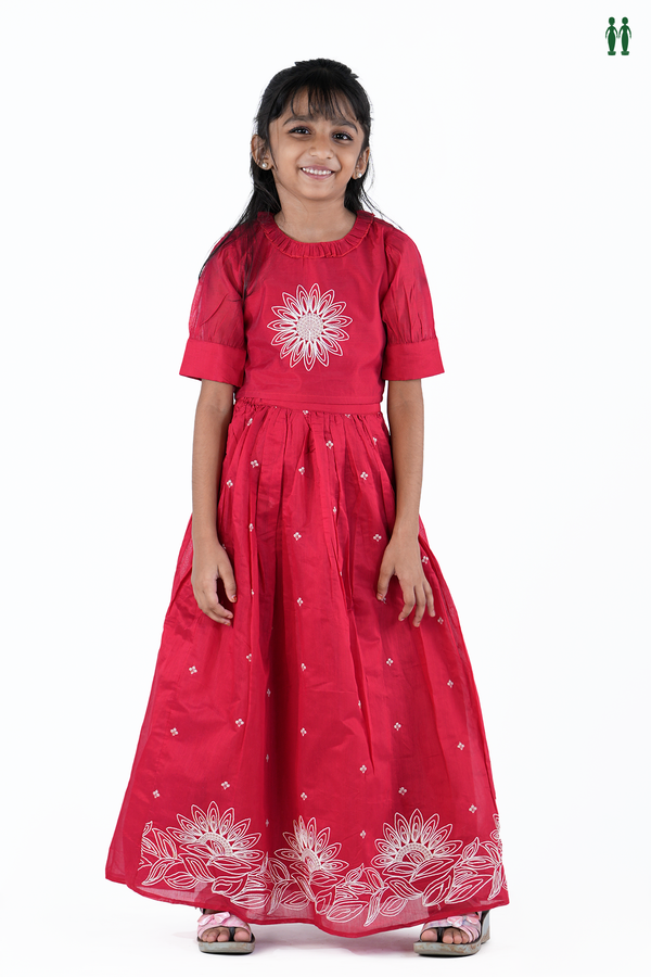 Round Neck Floral Design Red Chanderi Silk Cotton Skirt And Top