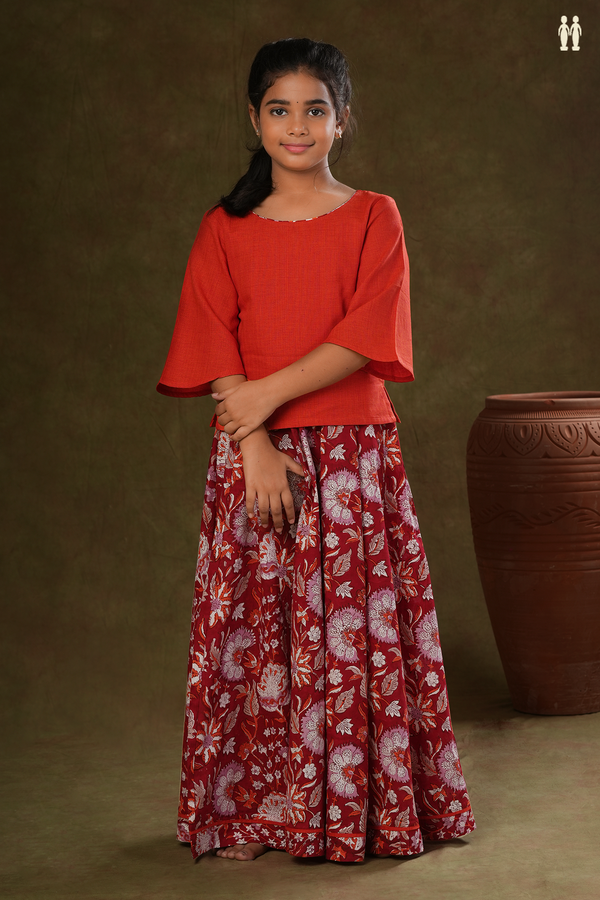 Round Neck Floral Design Red Jaipur Cotton Top And Skirt Set