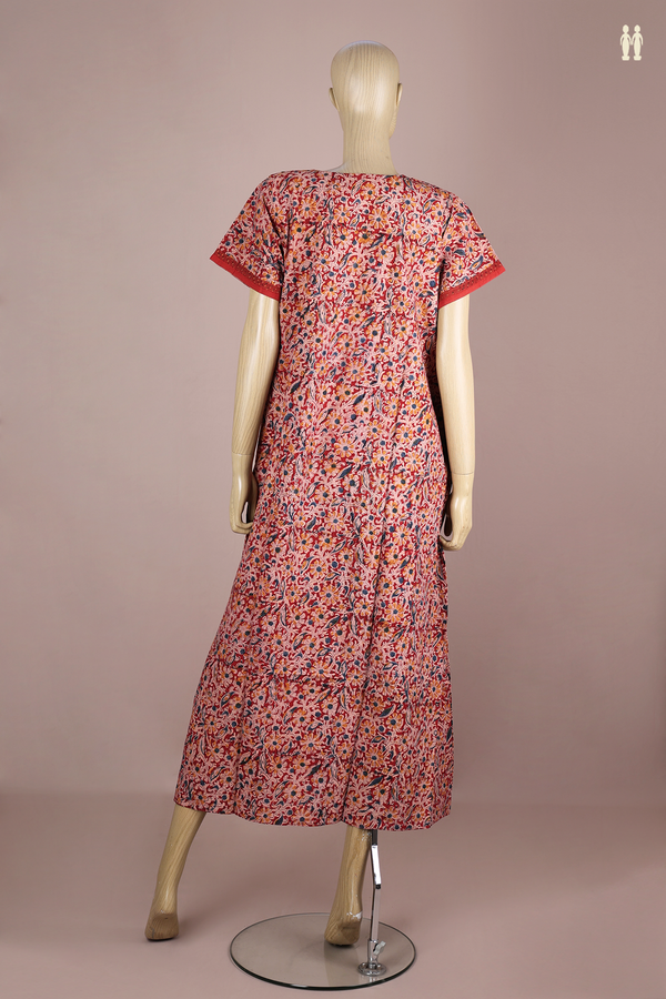 Round Neck Floral Design Red Kalamkari Cotton Nightie