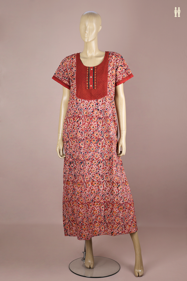 Round Neck Floral Design Red Kalamkari Cotton Nightie