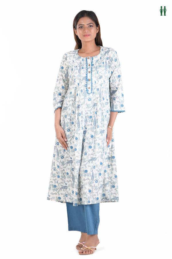 Round Neck Floral Design White Cotton Salwar Set