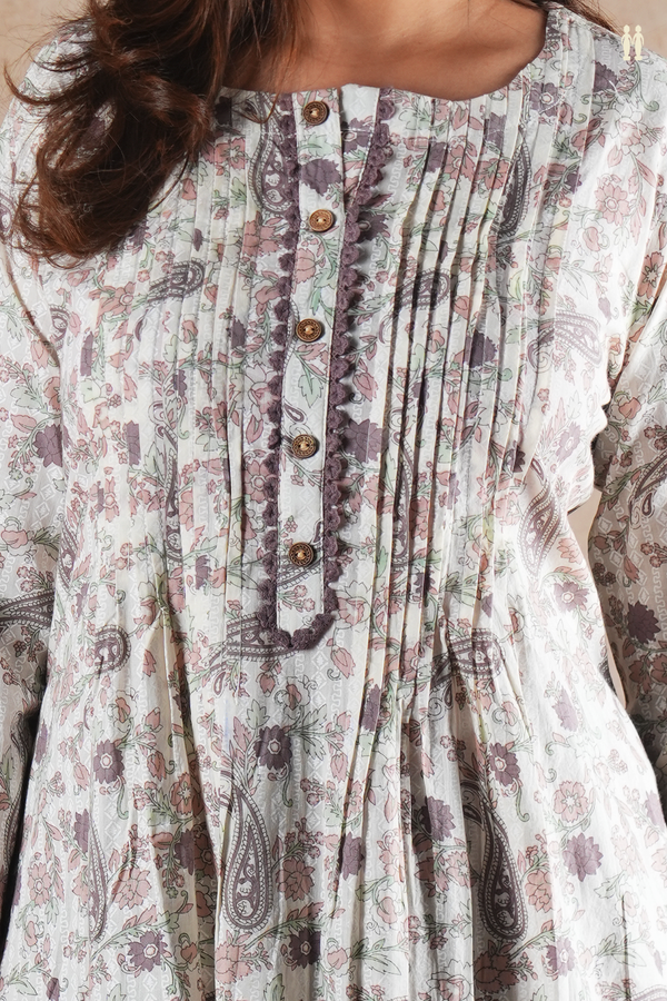 Round Neck Floral Design White Cotton Salwar Set