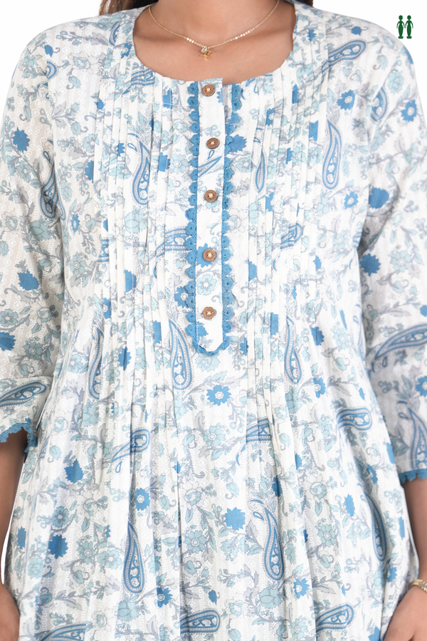 Round Neck Floral Design White Cotton Salwar Set