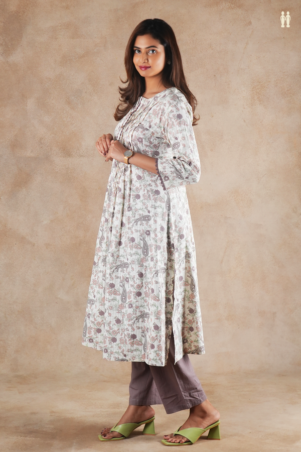 Round Neck Floral Design White Cotton Salwar Set