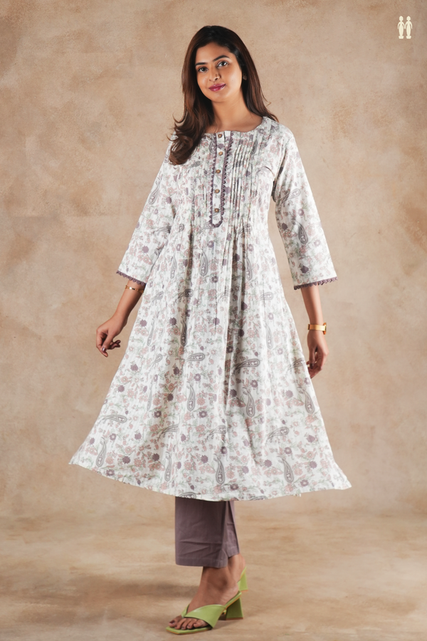 Round Neck Floral Design White Cotton Salwar Set