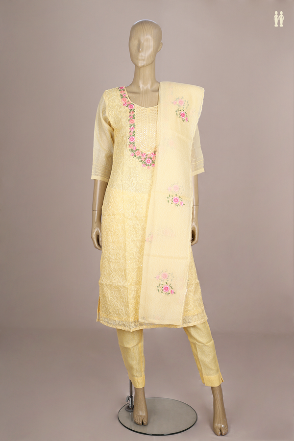 Round Neck Floral Design Yellow Kota Salwar Set