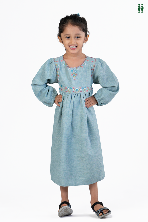 Round Neck Floral Threadwork Design Dusty Blue Cotton Frock