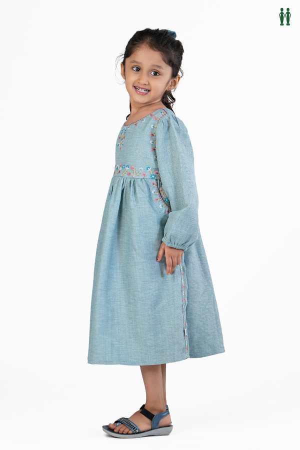 Round Neck Floral Threadwork Design Dusty Blue Cotton Frock