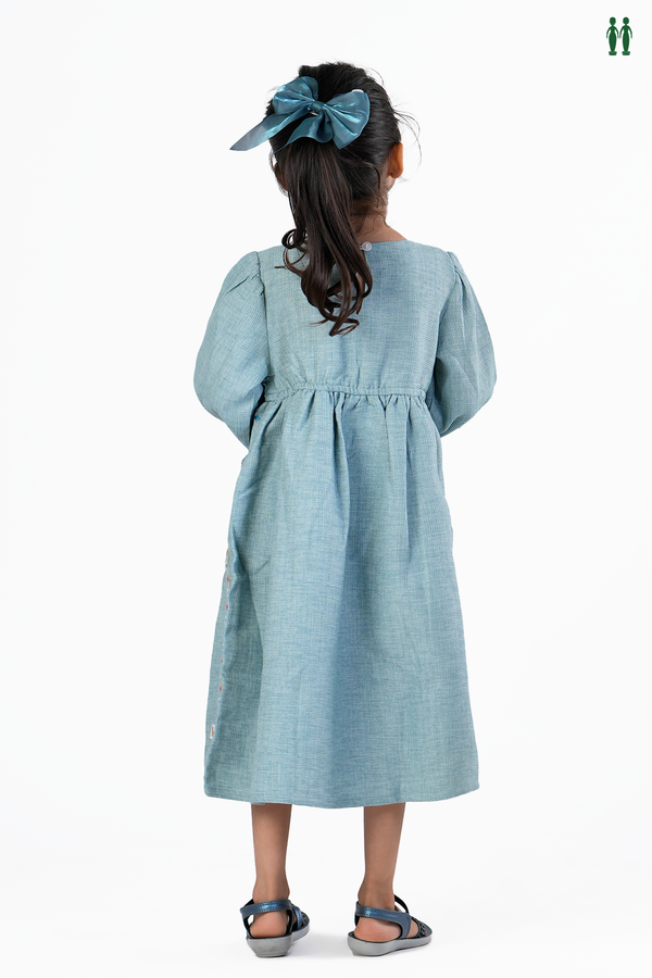 Round Neck Floral Threadwork Design Dusty Blue Cotton Frock