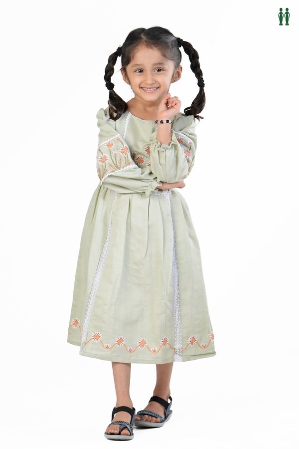 Round Neck Floral Threadwork Design Sage Green Cotton Frock