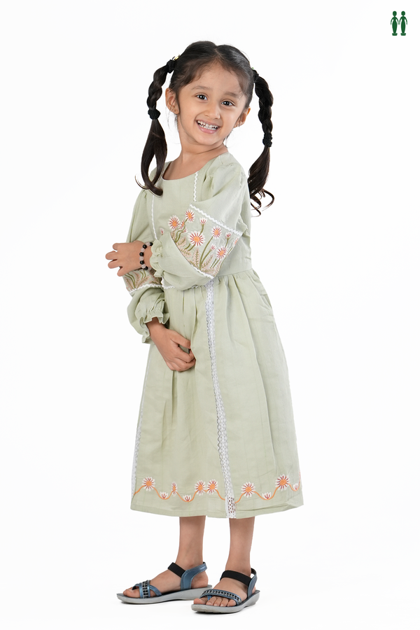 Round Neck Floral Threadwork Design Sage Green Cotton Frock