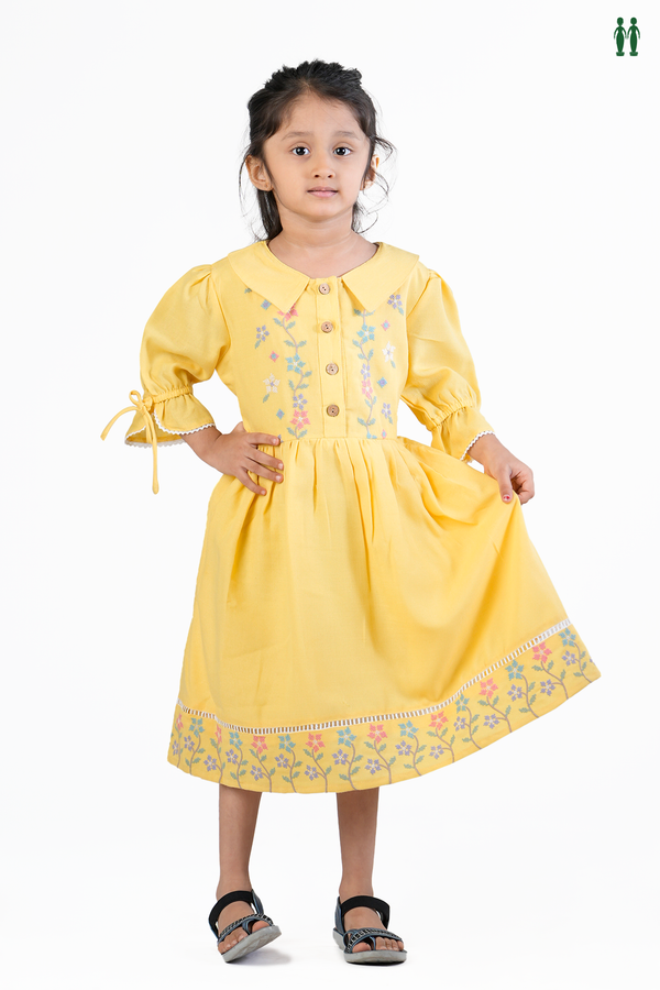 Round Neck Floral Threadwork Design Yellow Cotton Frock