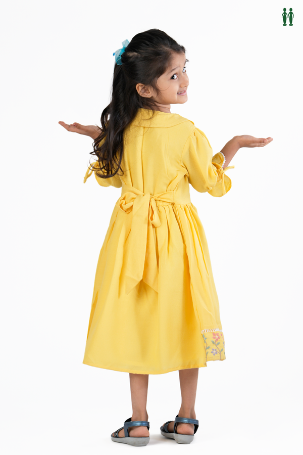 Round Neck Floral Threadwork Design Yellow Cotton Frock