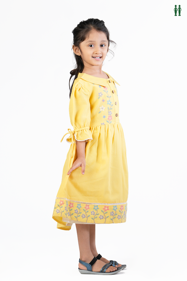 Round Neck Floral Threadwork Design Yellow Cotton Frock