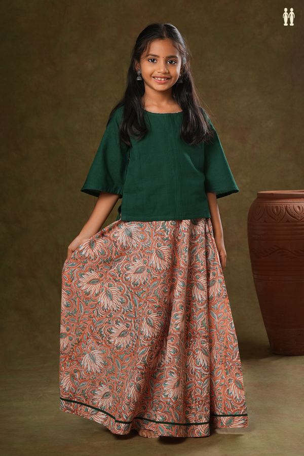 Round Neck Green And Orange Cotton Top And Bottom Set