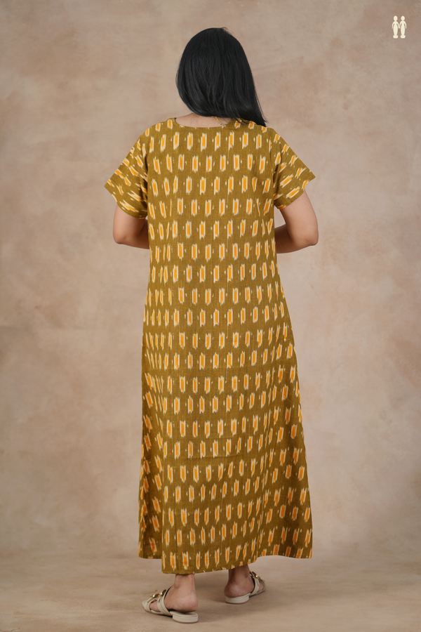 Round Neck Ikat Design Greenish Brown Cotton Nightie