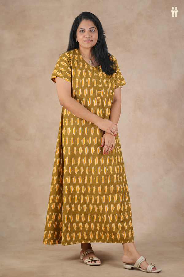 Round Neck Ikat Design Greenish Brown Cotton Nightie