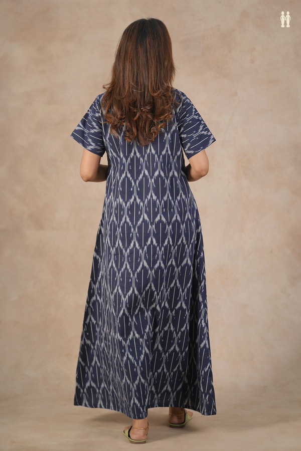 Round Neck Ikat Design Navy Blue Cotton Nightie