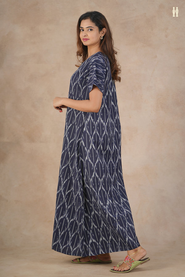 Round Neck Ikat Design Navy Blue Cotton Nightie