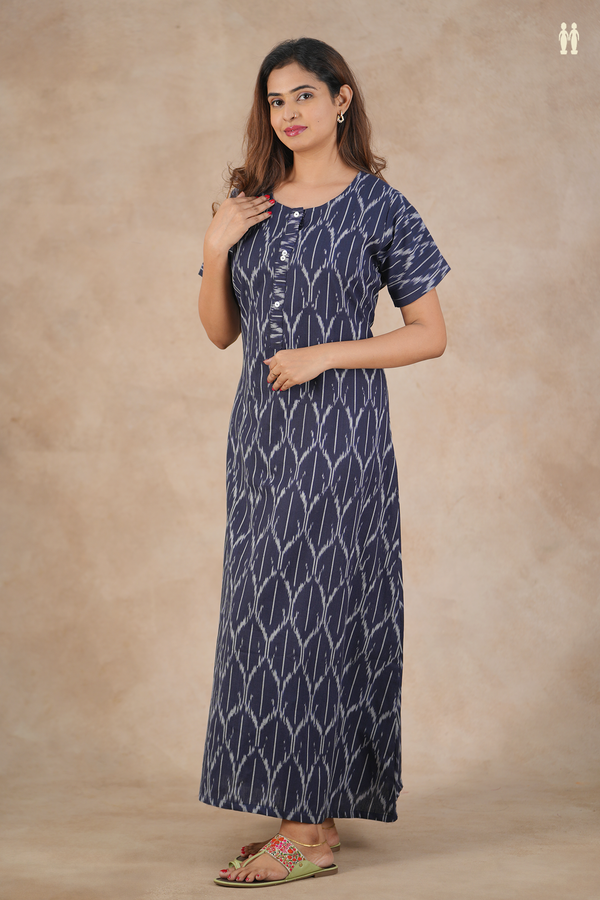 Round Neck Ikat Design Navy Blue Cotton Nightie