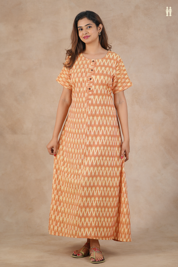 Round Neck Ikat Design Orange And Cream Cotton Nightie