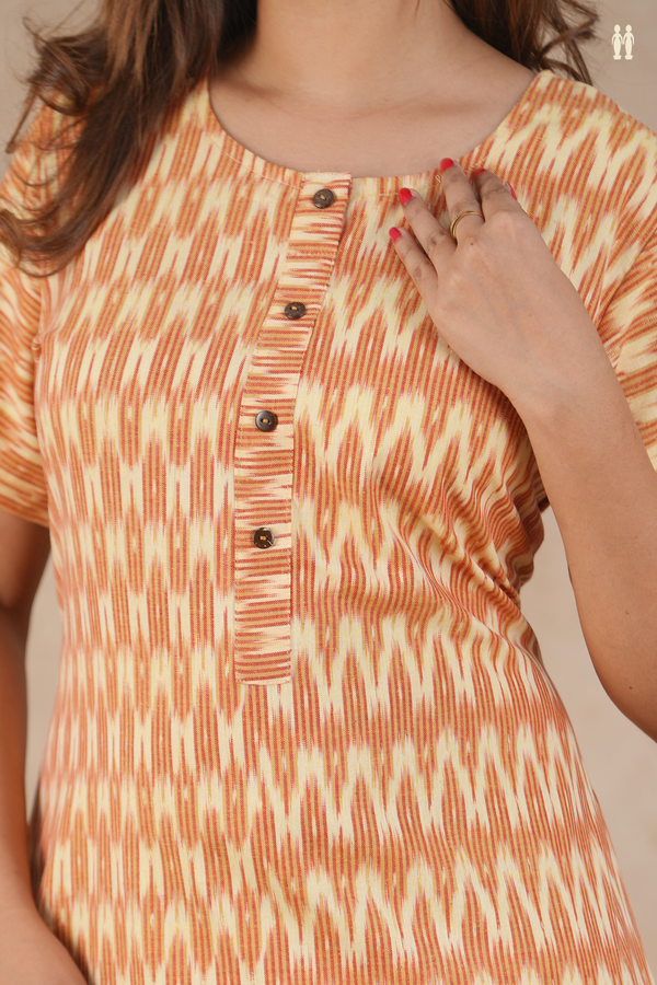 Round Neck Ikat Design Orange And Cream Cotton Nightie
