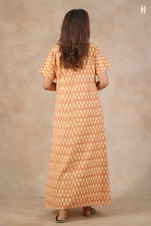 Round Neck Ikat Design Orange And Cream Cotton Nightie