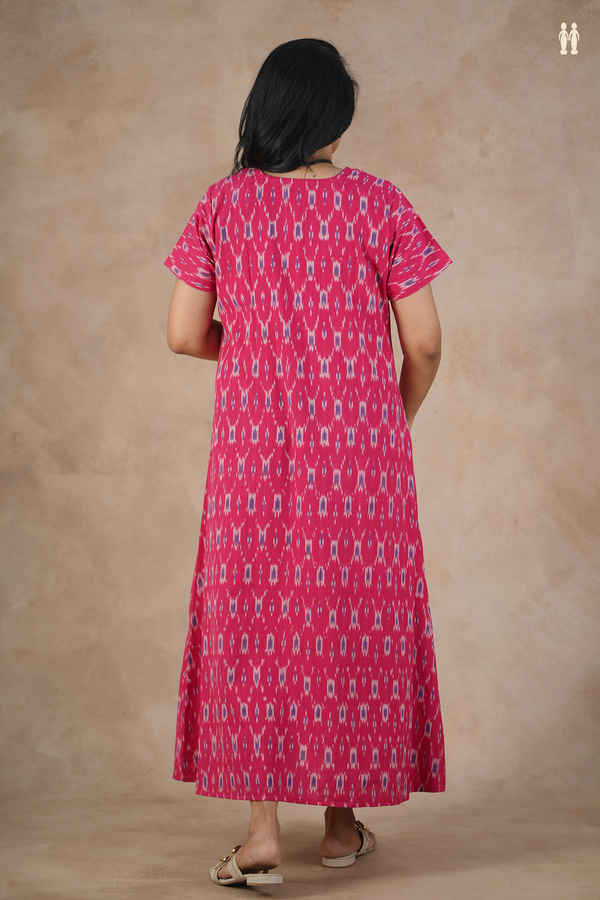 Round Neck Ikat Design Pink Cotton Nightie