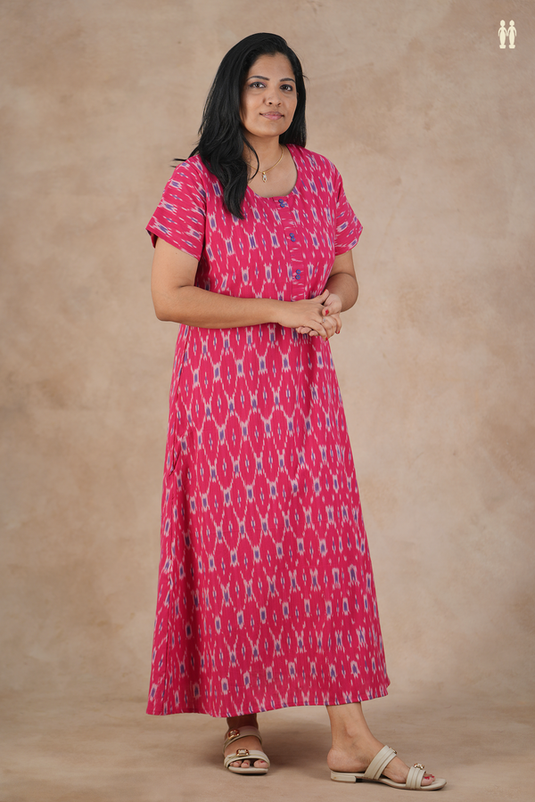 Round Neck Ikat Design Pink Cotton Nightie