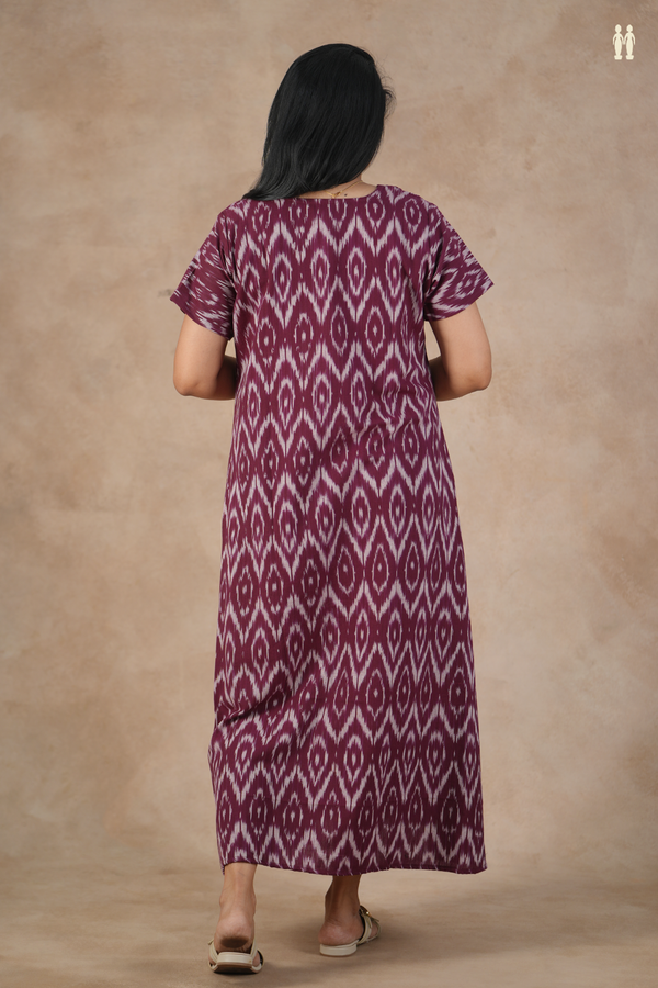 Round Neck Ikat Design Purple Cotton Nightie