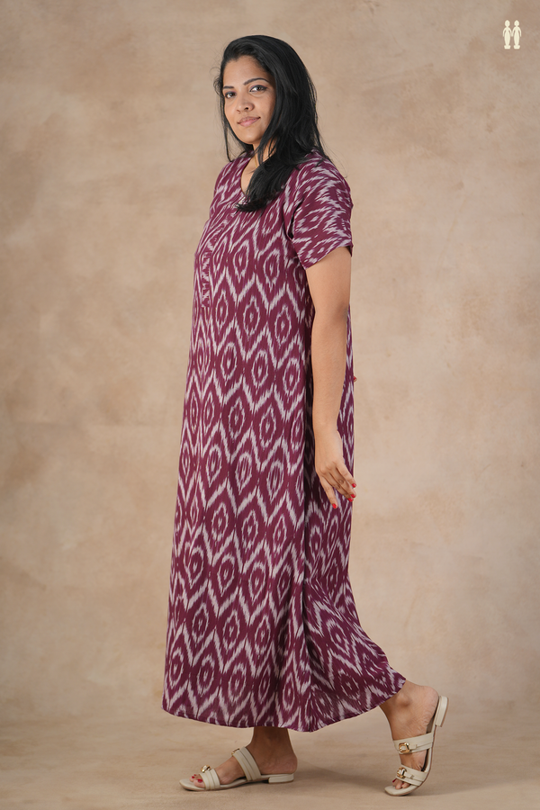 Round Neck Ikat Design Purple Cotton Nightie