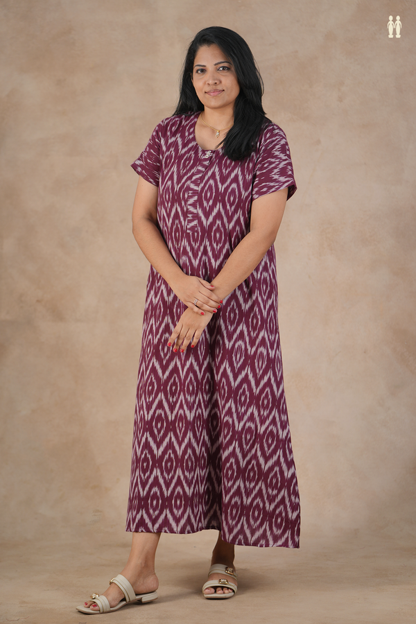 Round Neck Ikat Design Purple Cotton Nightie
