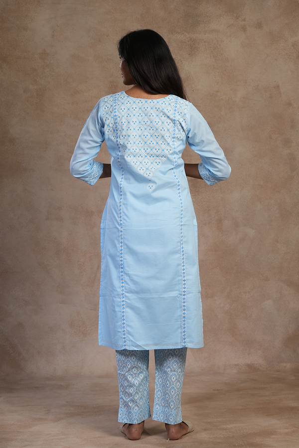 Round Neck Ogee Design Pastel Blue Cotton Salwar Set