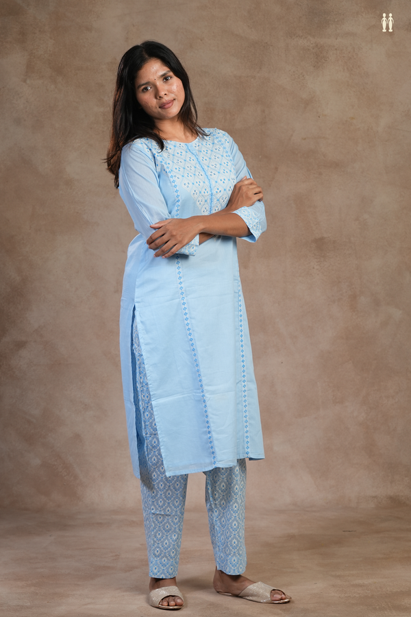 Round Neck Ogee Design Pastel Blue Cotton Salwar Set