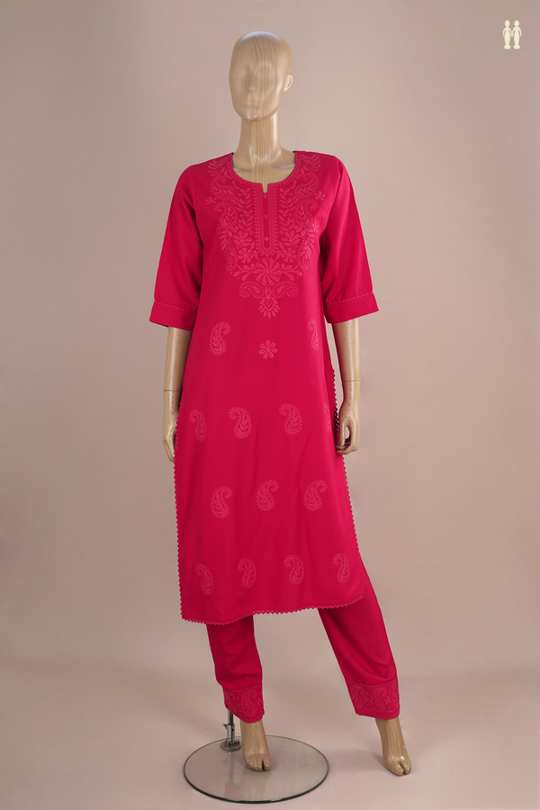 Split Neck Paisley Design Rani Pink Cotton Salwar Set