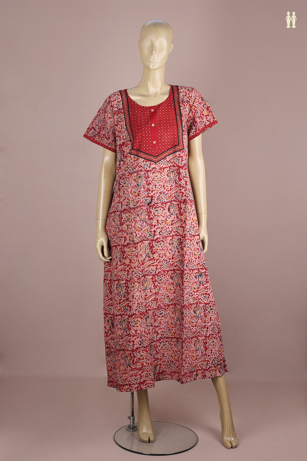 Round Neck Paisley Design Red Kalamkari Cotton Nightie